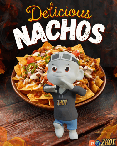 An Advertisement For Delicious Nachos With A Cartoon Character GIF