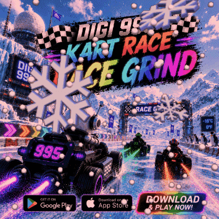 An Advertisement For Digi 99 Kart Race Ice Grind With A Snowy Background GIF