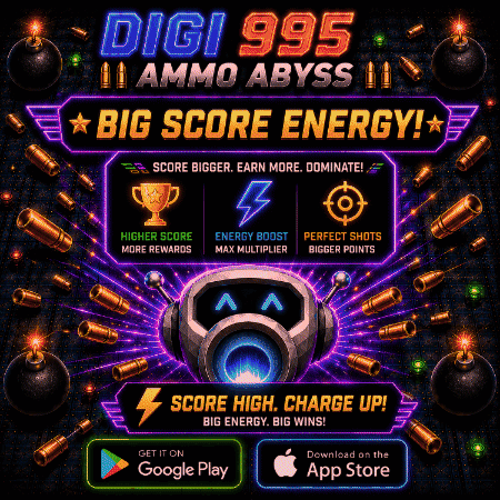 An Advertisement For Digi 995 Ammo Abyss Shows A Robot Surrounded By Bullets GIF