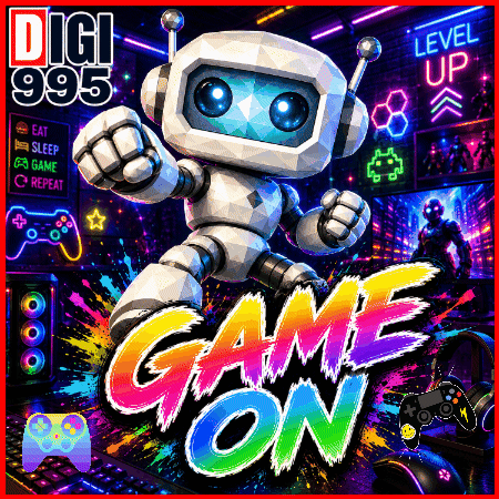 An Advertisement For Digi 995 Game On With A Robot GIF