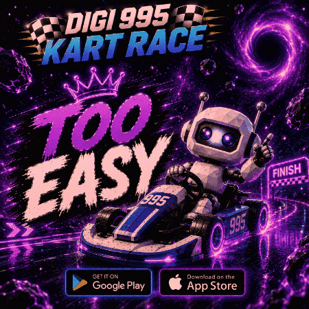 An Advertisement For Digi 995 Kart Race With A Robot Driving A Go Kart GIF