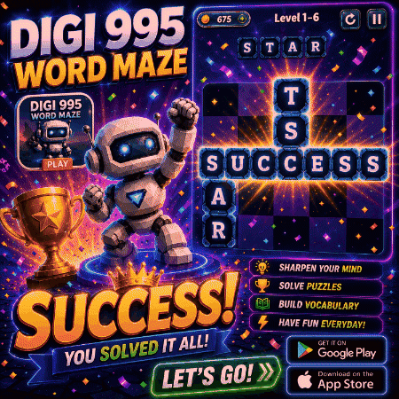 An Advertisement For Digi 995 Word Maze With A Robot On It GIF