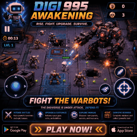 an advertisement for digi995 awakening shows a robot fighting a robot