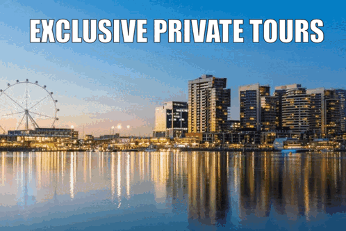 An Advertisement For Exclusive Private Tours With A City Skyline GIF