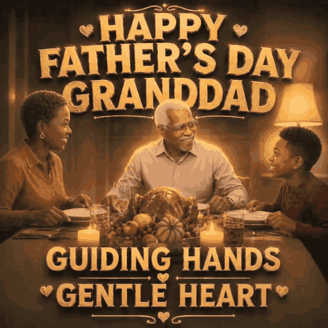 An Advertisement For Father 'S Day Granddad With A Picture Of A Family Sitting At A Table GIF