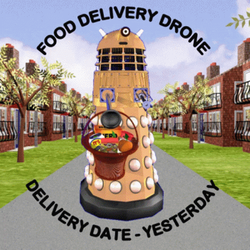 An Advertisement For Food Delivery Drone Delivery Date Yesterday With A Dalek Tower GIF
