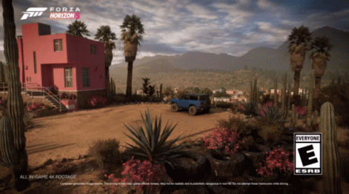 An Advertisement For Forza Horizon 5 Shows A House And A Car GIF