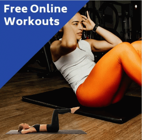 An Advertisement For Free Online Workouts Shows A Woman Doing Sit Ups On A Mat GIF