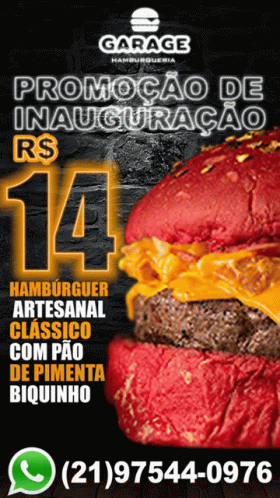 An Advertisement For Garage Hamburgerria Shows A Hamburger With Red Bread GIF