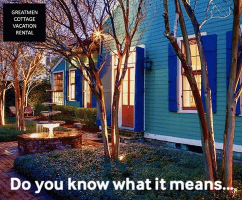 An Advertisement For Greatmen Cottage Vacation Rental Shows A Blue House With Blue Shutters GIF