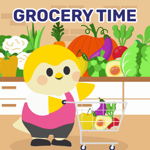 An Advertisement For Grocery Time With A Bird Pushing A Cart GIF