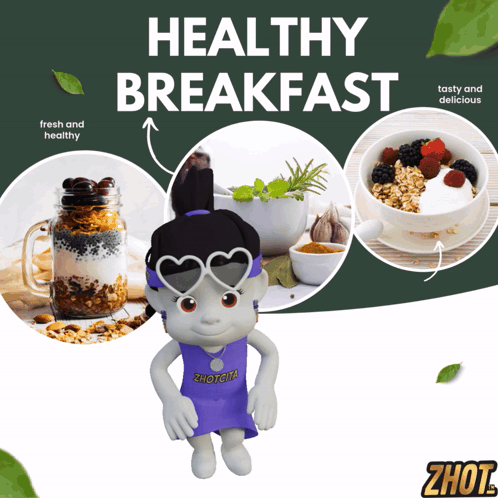 An Advertisement For Healthy Breakfast Shows A Doll Wearing Sunglasses GIF