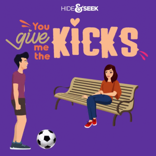An Advertisement For Hide & Seek Shows A Man Kicking A Soccer Ball At A Woman Sitting On A Park Bench GIF