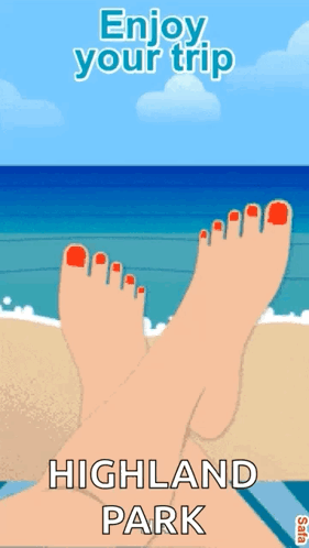 An Advertisement For Highland Park Shows A Woman Laying On The Beach With Her Feet Up GIF
