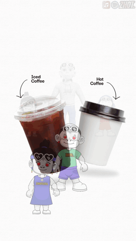 an advertisement for iced or hot coffee shows a cup of iced coffee and two cups of hot coffee