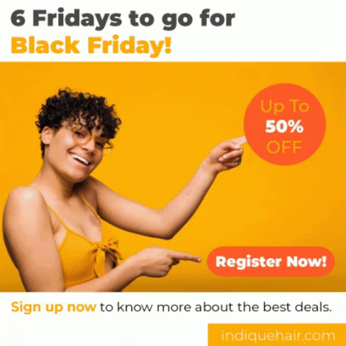 An Advertisement For Indiquehair.com Shows A Woman Pointing To A Sign That Says Up To 50 % Off GIF