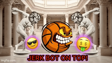 an advertisement for jerk bot on top shows a basketball with a face on it
