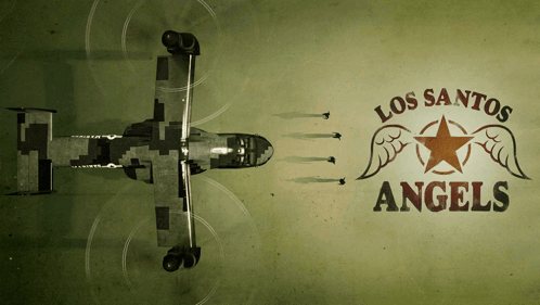 An Advertisement For Los Santos Angels Shows A Plane Flying Overhead GIF