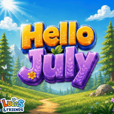 an advertisement for lucas & friends says hello july in purple letters