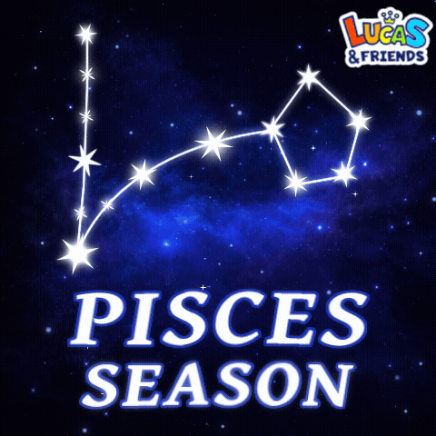 An Advertisement For Lucas & Friends Shows A Constellation And Says Pisces Season GIF