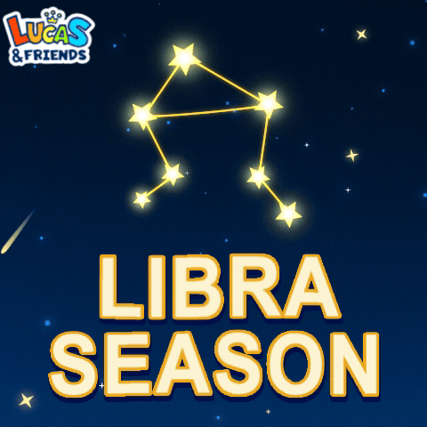 An Advertisement For Lucas & Friends Shows A Constellation And The Words Libra Season GIF