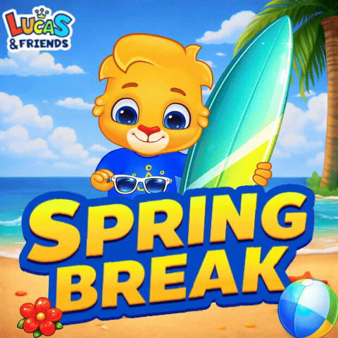 An Advertisement For Lucas & Friends Spring Break With A Cartoon Character Holding A Surfboard GIF