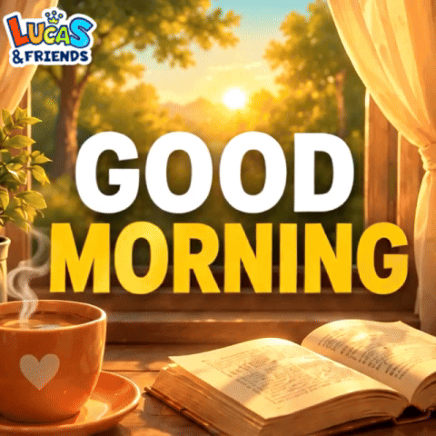 An Advertisement For Lucas & Friends With A Cup Of Coffee And A Book GIF