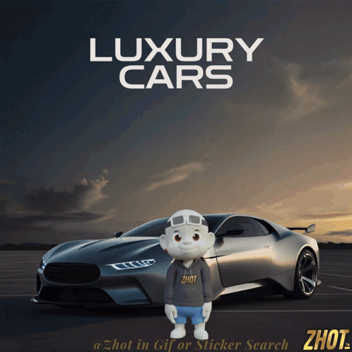 An Advertisement For Luxury Cars With A Cartoon Character Standing In Front Of A Car GIF