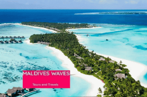 An Advertisement For Maldives Waves Shows An Aerial View Of A Tropical Island GIF