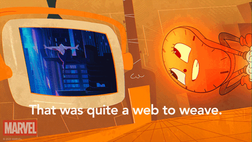 An Advertisement For Marvel Shows A Cartoon Character And The Words " That Was Quite A Web To Weave " GIF