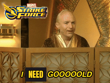 An Advertisement For Marvel Strike Force With A Man Behind A Podium GIF