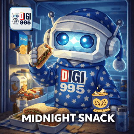 An Advertisement For Midnight Snack With A Robot Eating A Sandwich And Chips GIF