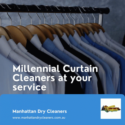 An Advertisement For Millennial Curtain Cleaners Shows A Row Of Shirts Hanging On A Rack GIF