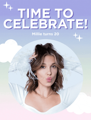 An Advertisement For Millie Turns 20 With A Picture Of Her GIF