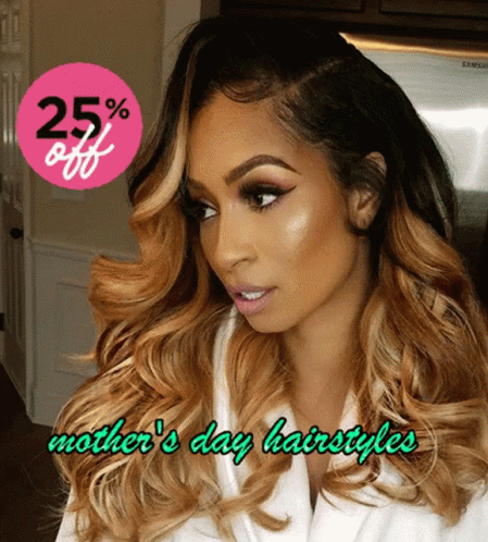An Advertisement For Mother 'S Day Hairstyles Shows A Woman With Long Wavy Hair GIF