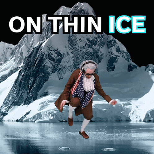 An Advertisement For On Thin Ice Shows A Man In A Suit Jumping Over Ice GIF