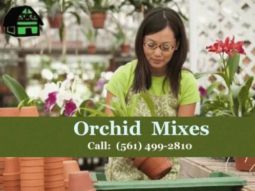 An Advertisement For Orchid Mixes Shows A Woman Planting Flowers GIF