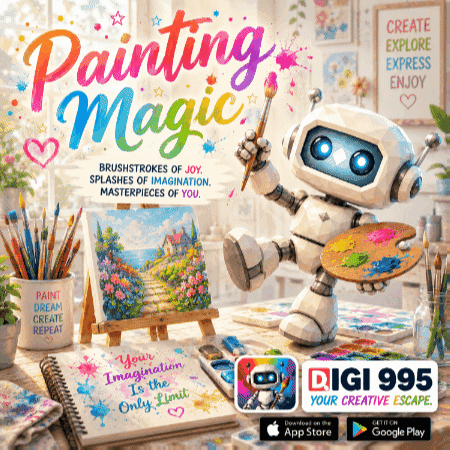 An Advertisement For Painting Magic With A Robot Holding A Palette GIF