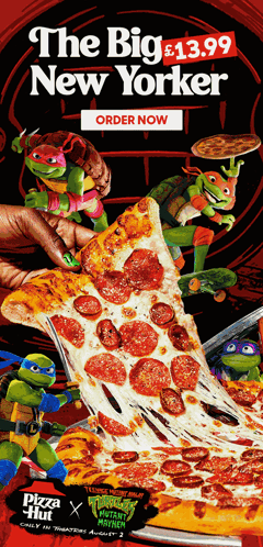 An Advertisement For Pizza Hut Featuring Teenage Mutant Ninja Turtles And The Big New Yorker GIF