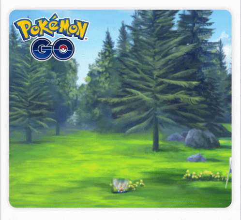 an advertisement for pokemon go shows a grassy field with trees in the background