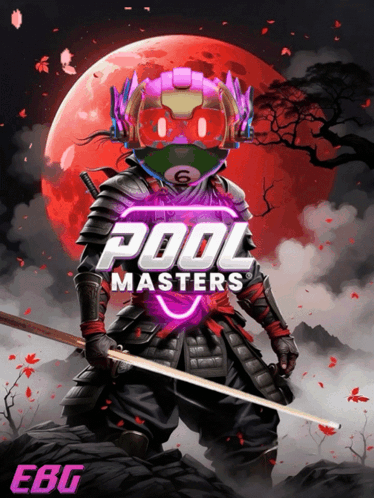 An Advertisement For Pool Masters Shows A Samurai Holding A Sword GIF