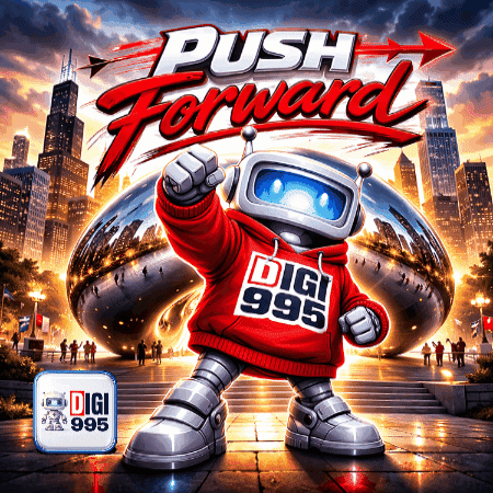 An Advertisement For Push Forward With A Robot Wearing A Digi 995 Hoodie GIF