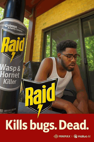 An Advertisement For Raid Wasp And Hornet Killer Shows A Man Sitting On A Chair GIF