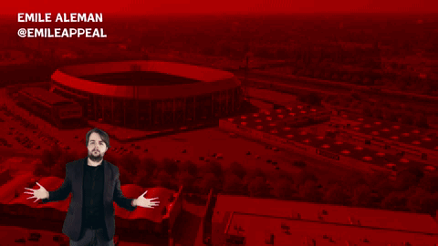an advertisement for robin van persie with a man in front of a large stadium