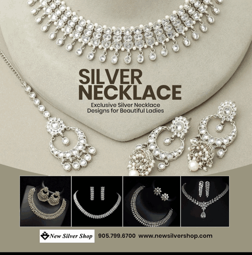 An Advertisement For Silver Necklaces And Earrings With The Website Www.newsilvershop.com On The Bottom GIF