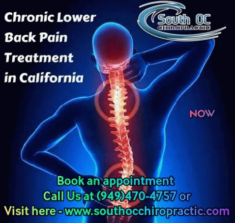An Advertisement For South Oc Chiropractic Shows A Man With Chronic Back Pain GIF