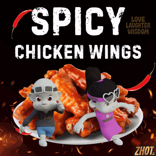 An Advertisement For Spicy Chicken Wings With A Boy And A Girl GIF
