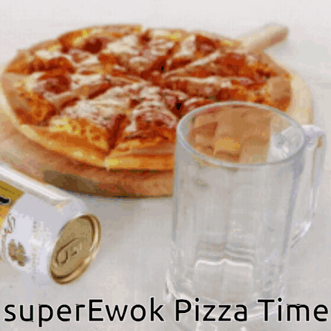 An Advertisement For Superewok Pizza Time Shows A Pizza And A Beer GIF