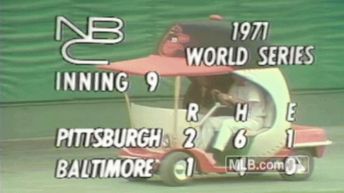 An Advertisement For The 1971 World Series Shows A Baseball Player In A Golf Cart GIF