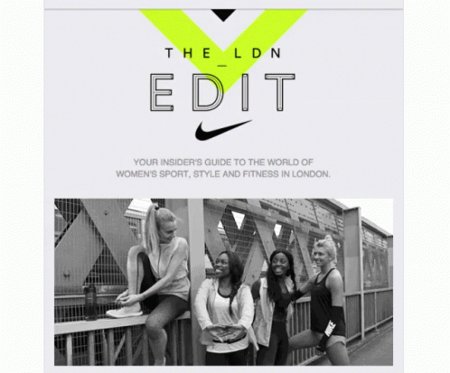 An Advertisement For The London Edit Shows Four Women Sitting On A Bridge GIF